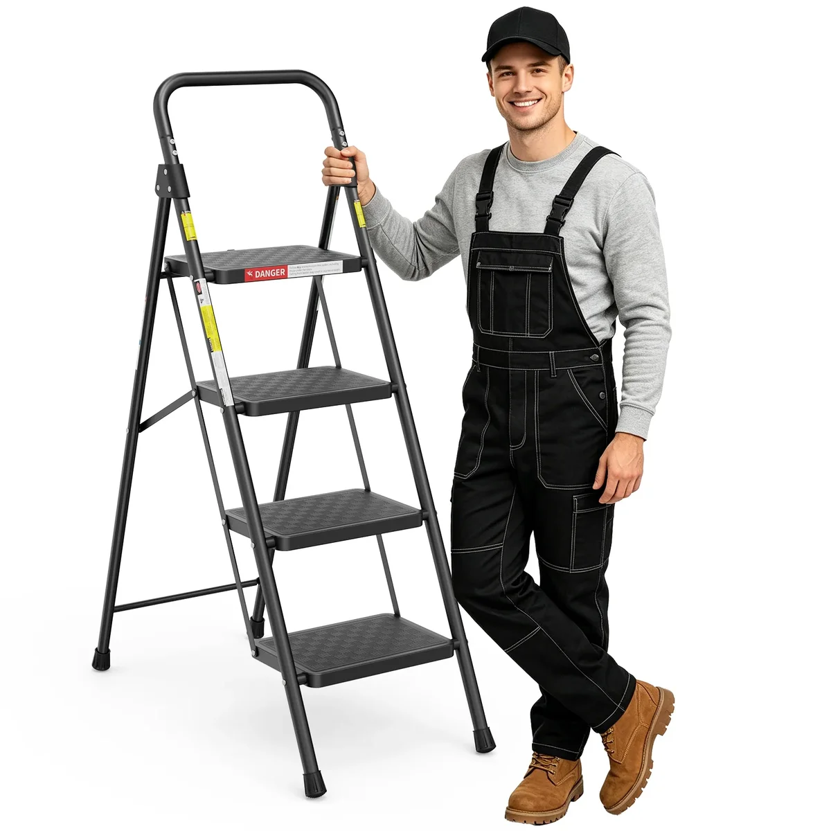 ASoopher 4 Step Ladder with Anti-Slip Pedal, Sturdy Steel Ladder, Black 4620