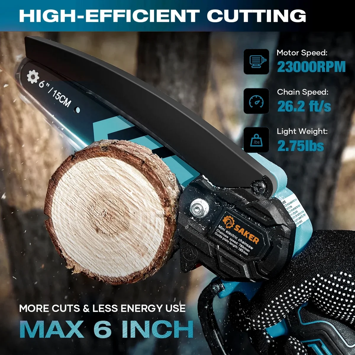 Saker 6 inch Mini Chainsaw with 2 Batteries & 2 Chains, Electric Chainsaw for Cutting, Ideal for Gardening, Tree Trimming, Blue 3300