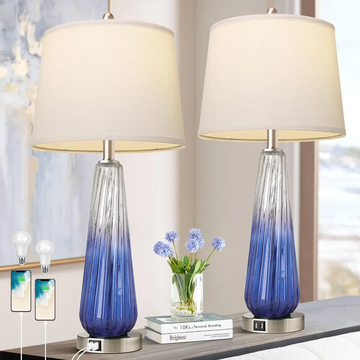 Holaki Table Lamps Set of 2 with Touch Control, 3-Way Dimmable Modern Glass Bedside Lamps with USB A+C Ports, Nightstand Lamp with White Fabric S 8330