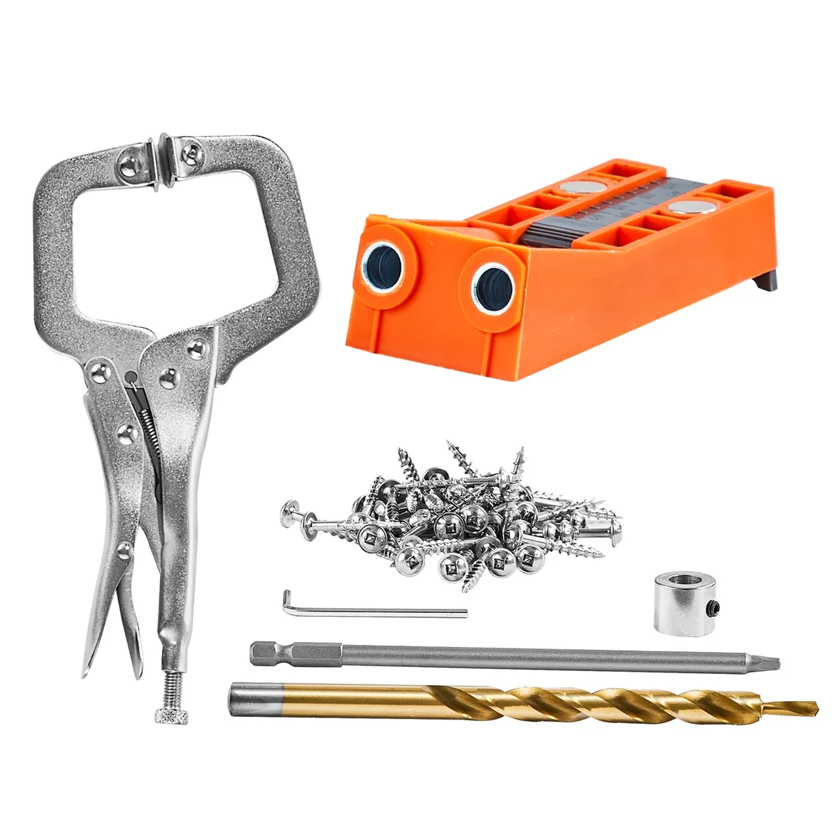 KFFKFF Pocket Hole Jig, 56 Pcs Mini Jig Pocket Hole System with 9" C-clamp, Step Drill, Wrench, Drill Stop Ring, Square Drive Bit, and Screws, fo 1943