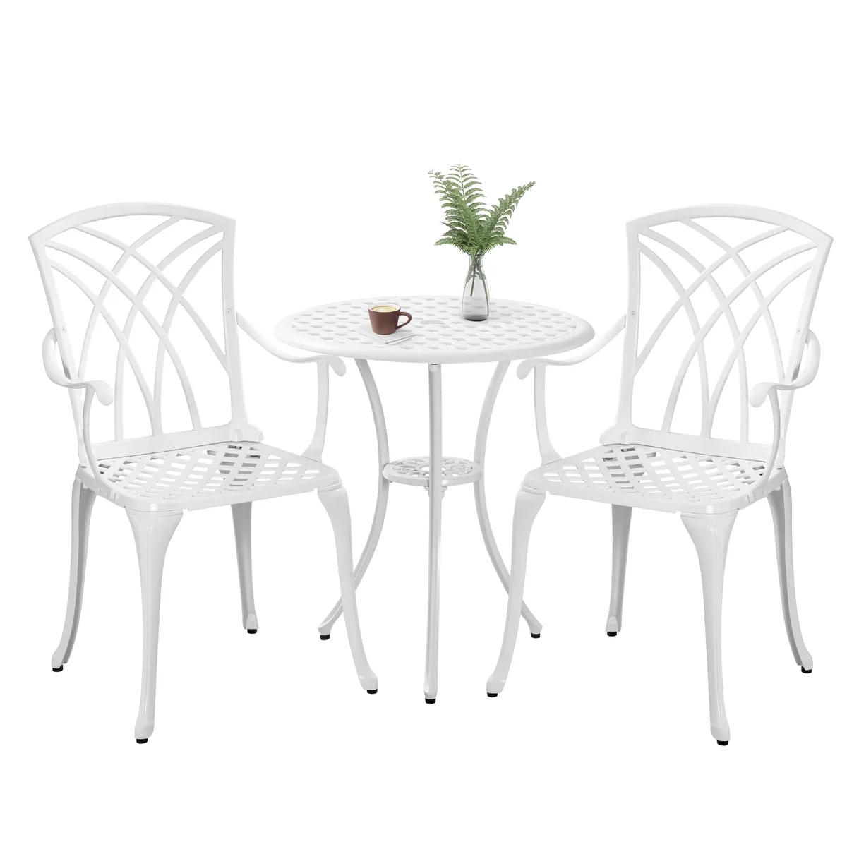 PATIO-IN 3 Piece Patio Set Outdoor  Cast Aluminum Bistro Table and Chairs Set of 2 with 1.97"Umbrella Hole for Garden，White 0464