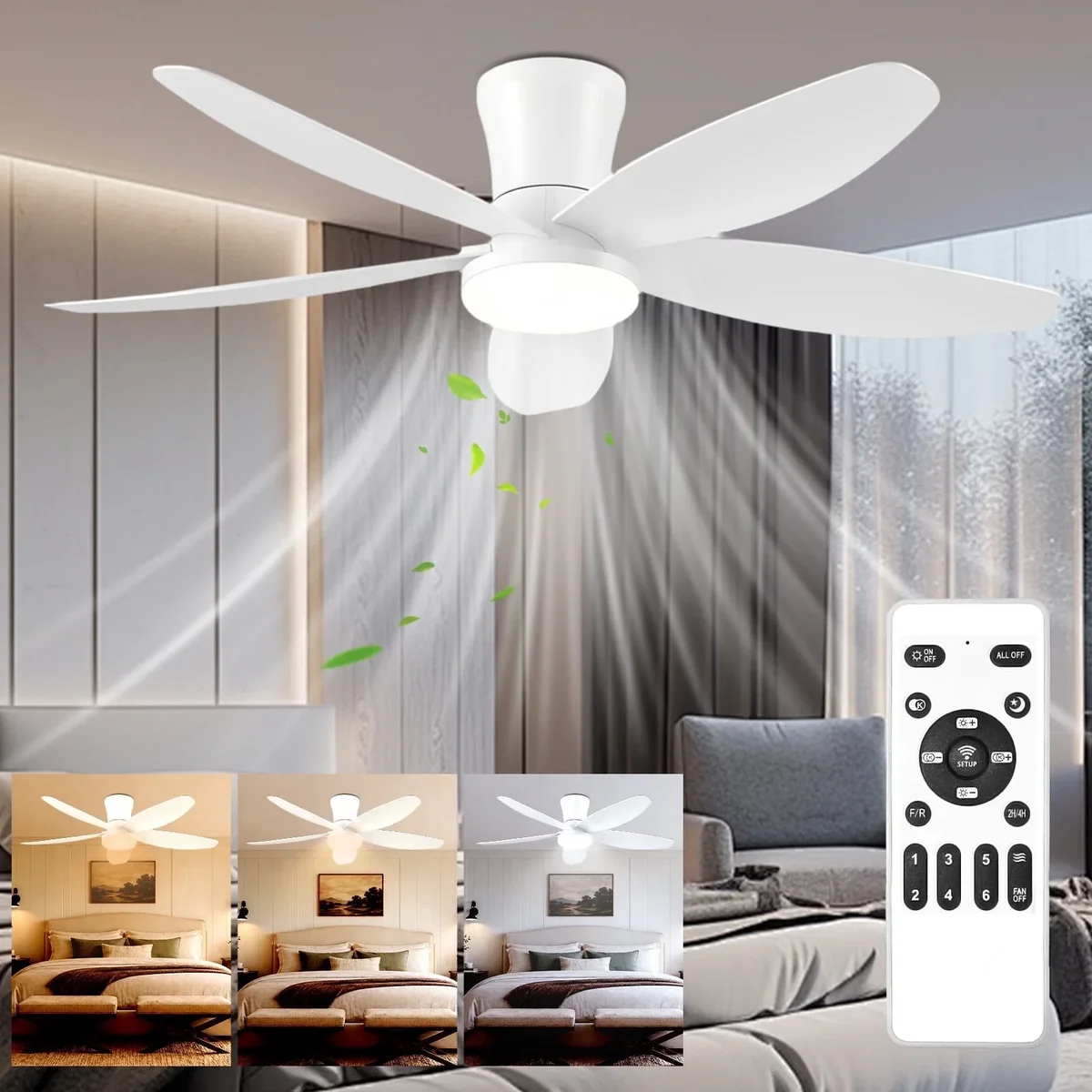 HAARAY 42 Inch Ceiling Fans with Lights, Modern Ceiling Fan with Lights and Remote, DC Reversible 6 Speeds 3 CCT, Low Profile Flush Mount Quiet C 1971