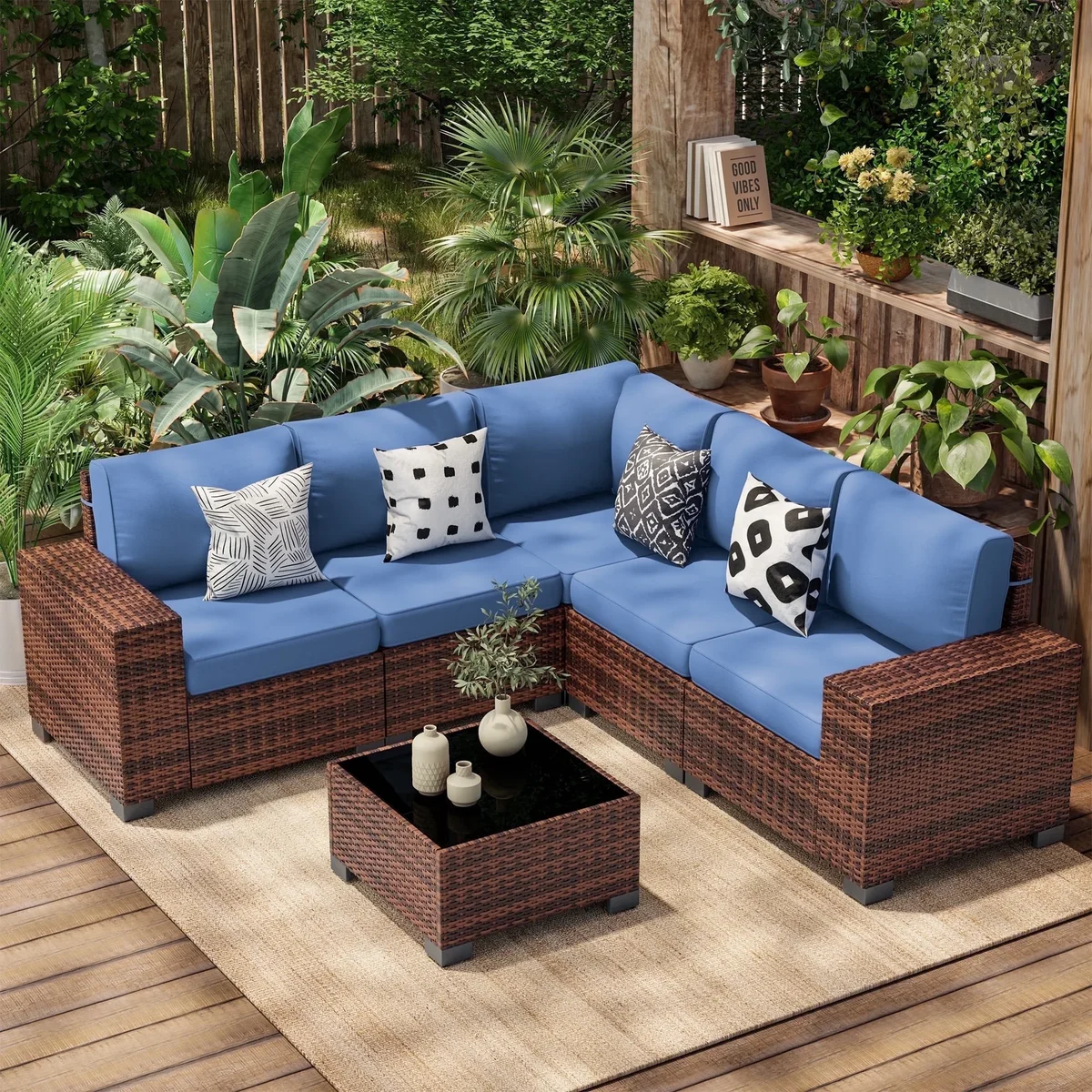 Poteban Patio Furniture Set 6 PCS Outdoor Sectional Conversation Sets Featuring Widen Wicker Armrests and High Back,Brown&Blue 3953