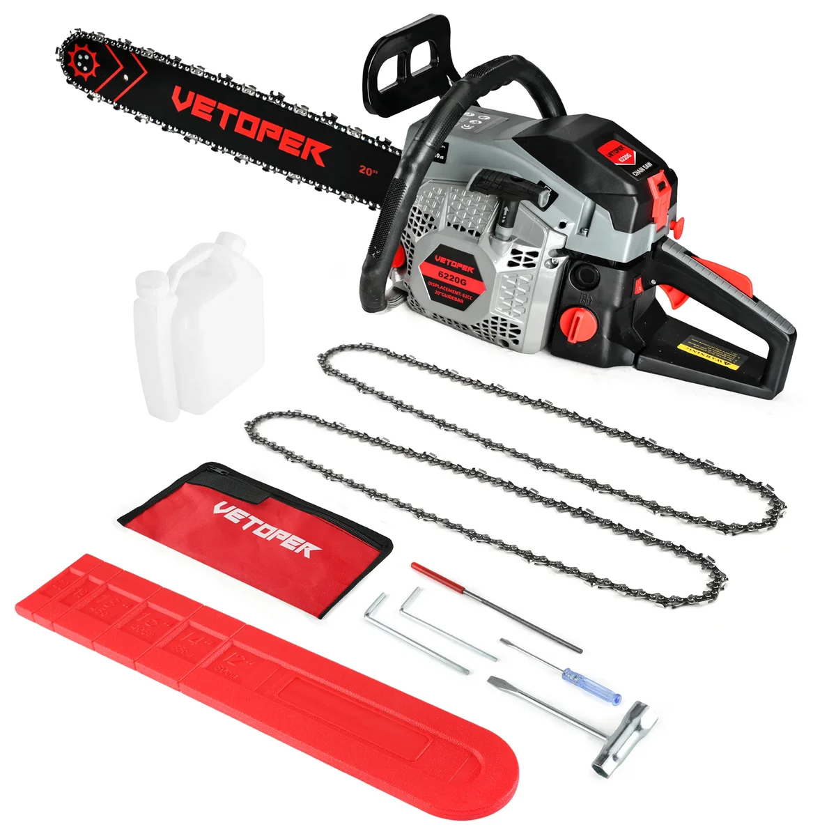 Vetoper Gas Chainsaw 20in. 3.4HP Gas Powered Chainsaw 2-Cycle Handheld Chain Saw for Garden/Patio/Farm 6220G(Two Chains) 4973