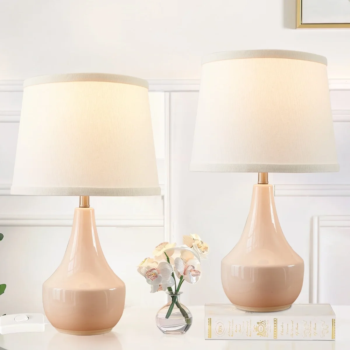 NATYSWAN Pink Table Lamp Set of 2, Ceramic Table Lamp Classic Beside Lamps Nightstand Lamp Modern Table Lamp for Living Room, Bedroom Office, Roc 2260