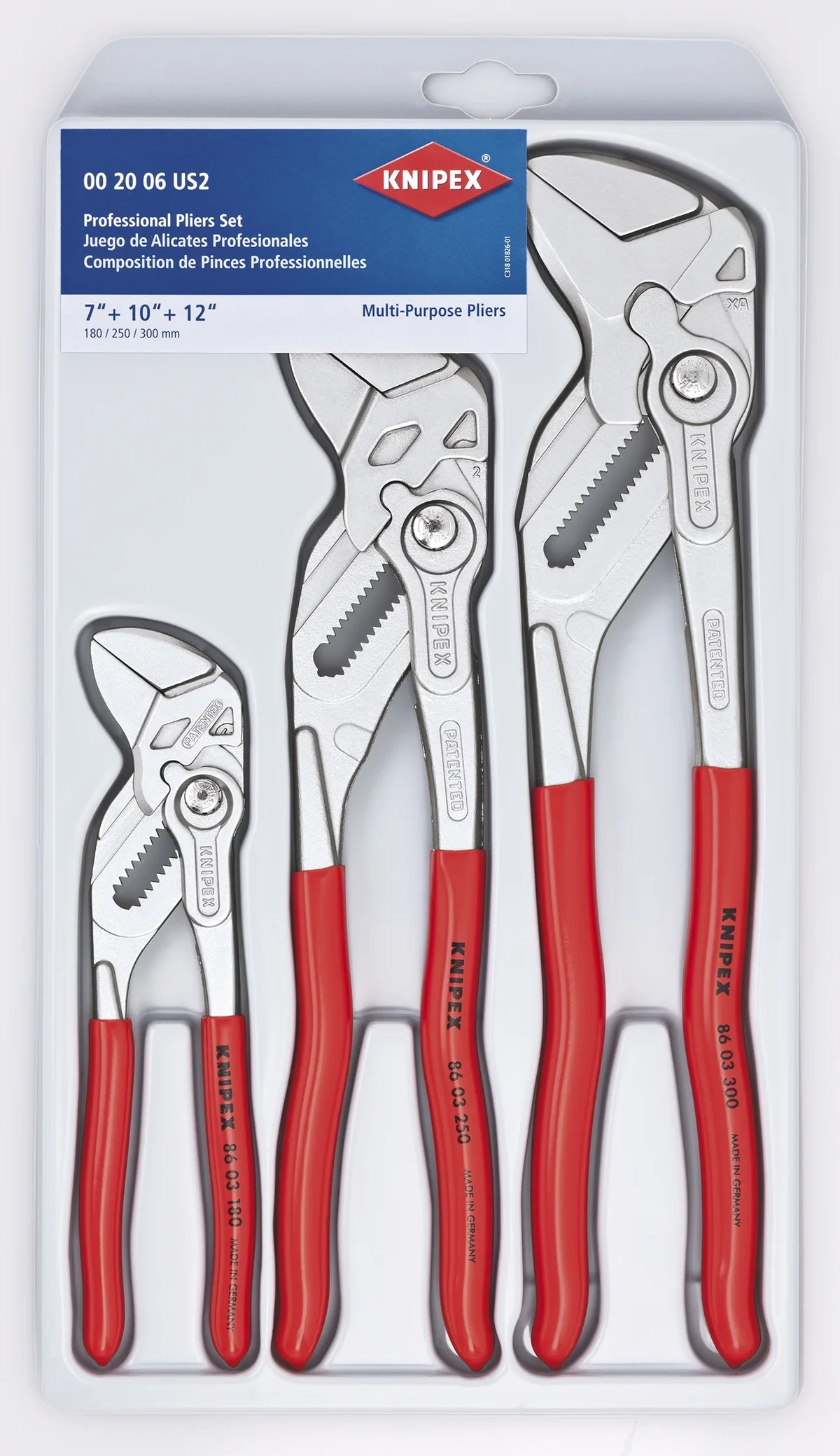 KNIPEX Tools 00 20 06 US2, Pliers Wrench 7.25, 10, and 12-Inch Set, 3-Piece 2243