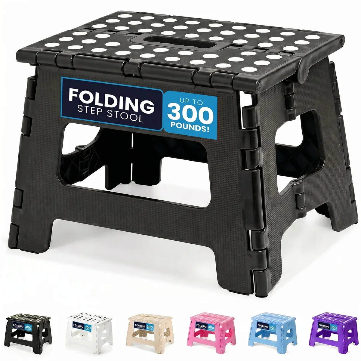 ACSTEP Folding Step Stool 9'' Non-Slip Folding Stools with Portable Handle for Adults Holds Up to 300 lbs, Plastic Foldable Step Stool for Bathro 5479