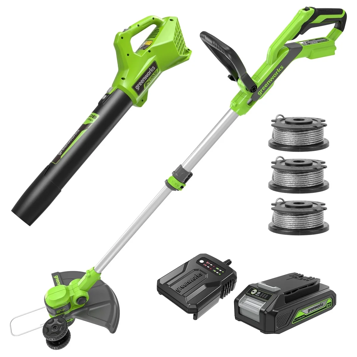 Greenworks 24V 12" Cordless String Trimmer/Edger and Leaf Blower Combo Kit + 3 Bonus Spools, 2.0Ah Battery and Charger Included 9530