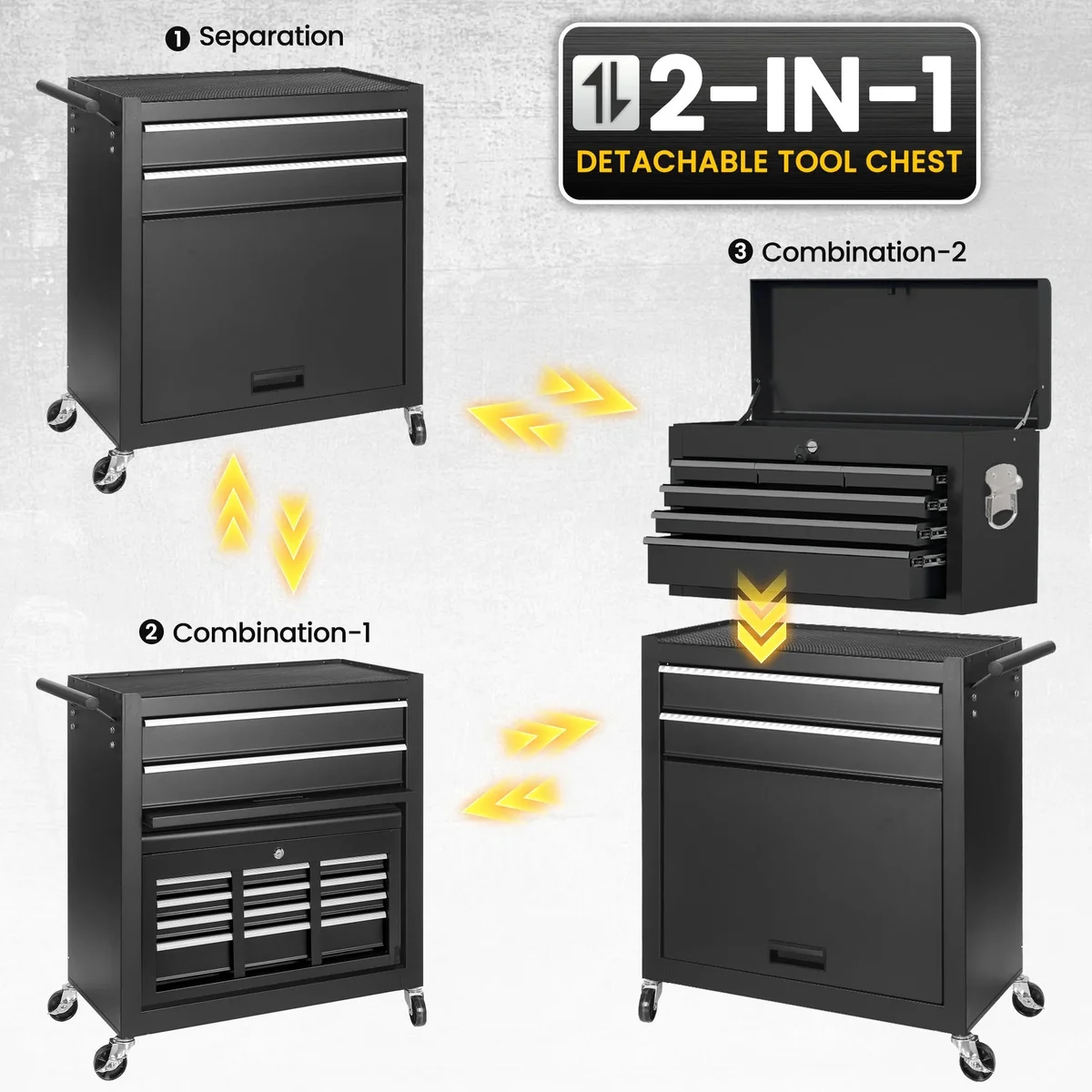 Seizeen 2-IN-1 Tool Chest & Cabinet, Large Capacity 8-Drawer Rolling Tool Box Organizer with Wheels Lockable, Black 4059