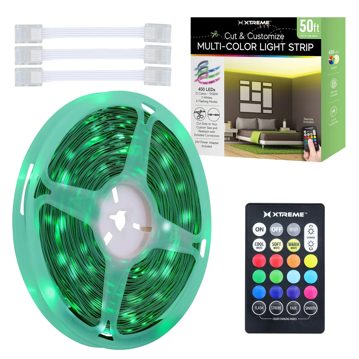Xtreme Lit 50ft Indoor LED Strip Lights Kit, Multicolor LED Lights for Bedroom, Cuttable, Remote Control 9442