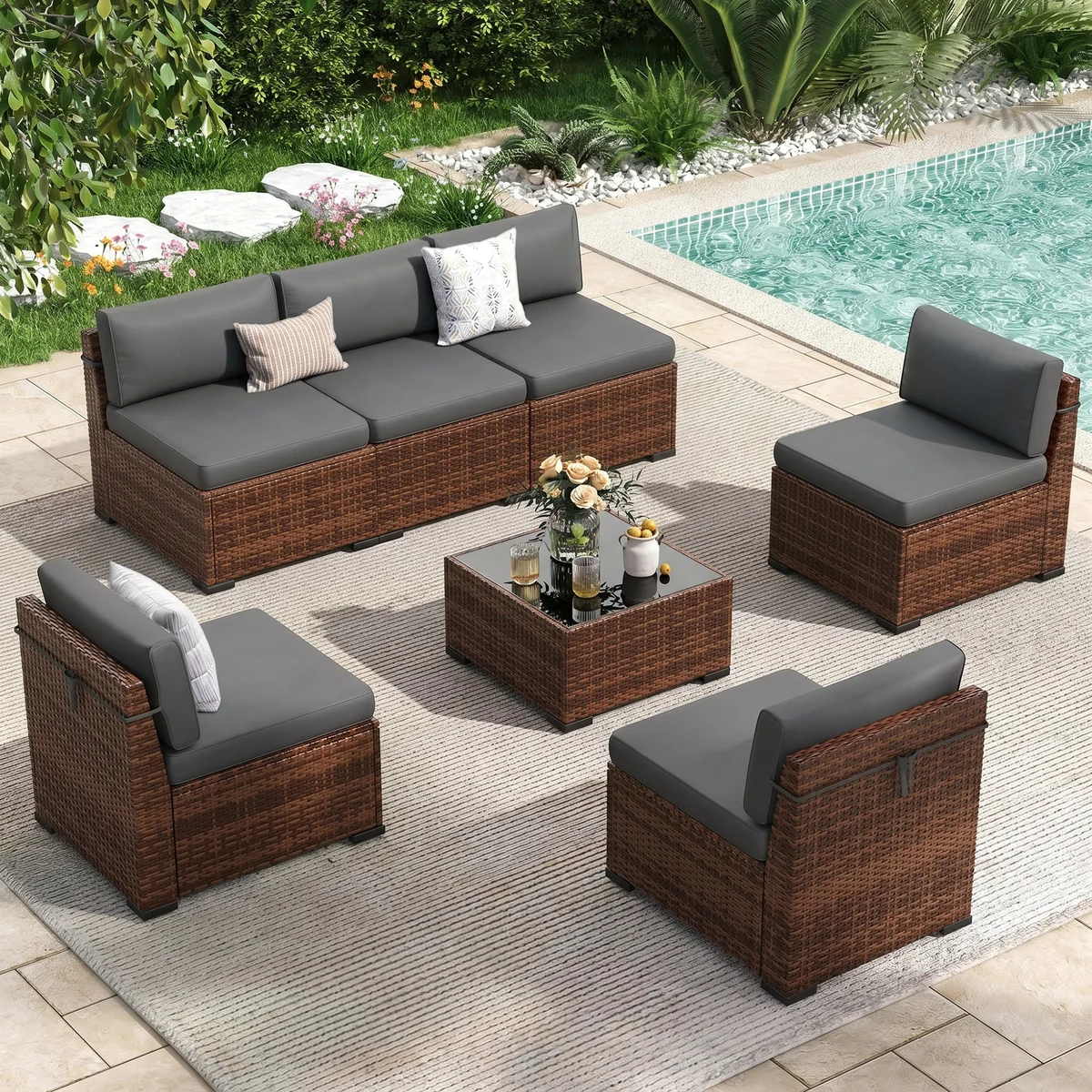 POTEBAN 7 Pieces Outdoor Sectional Sofa Set , PE Wicker Rattan Slanted Back Outdoor Conversation with Cushions and Glass Coffee Table for Backyar 9422