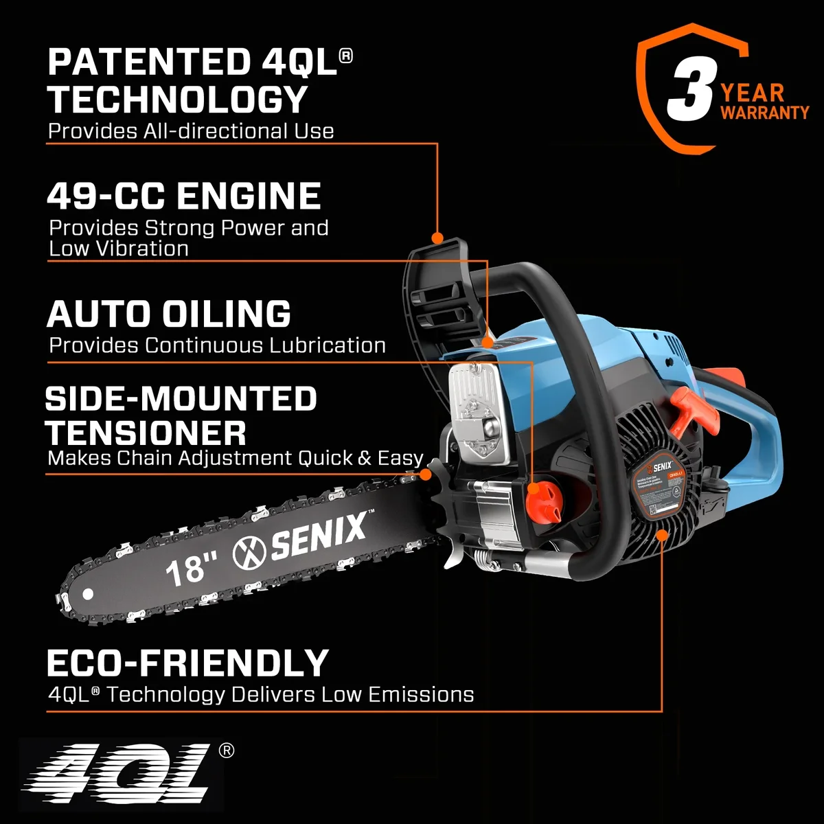 Senix 49cc 4-Cycle Gas Chainsaw, 18-Inch Oregon Bar and Chain, Trimming Branches Engine 7531