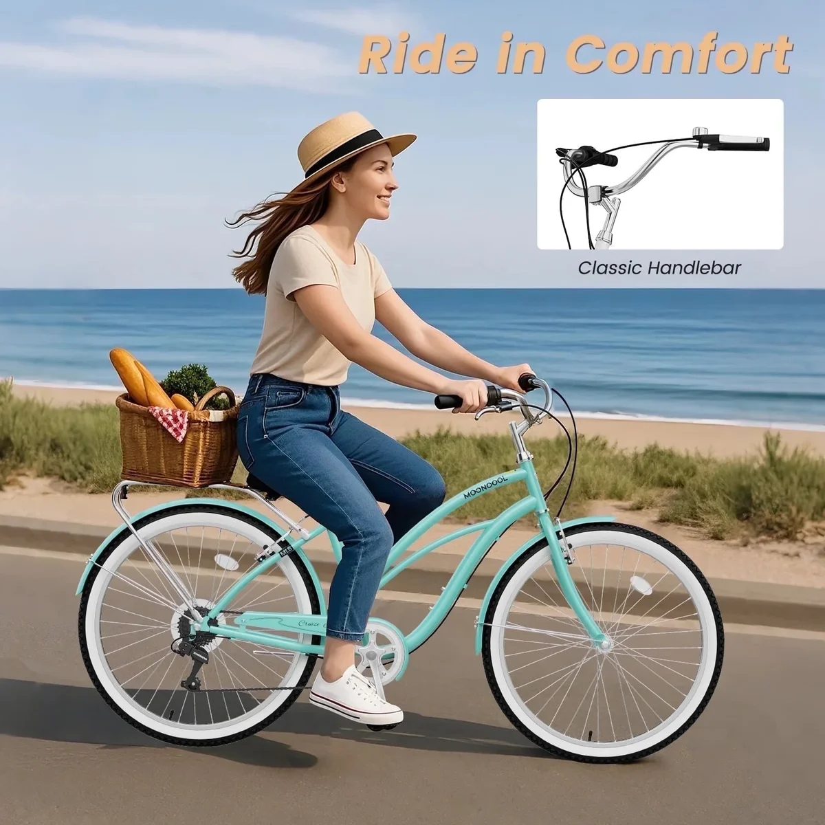 MOONCOOL 24/26 Inch 7 Speed Beach Cruiser Bike for Adults, Retro Step-Through Comfort Bicycle with Soft Foam Saddle, V-Brakes, Rear Rack & Fender 5743
