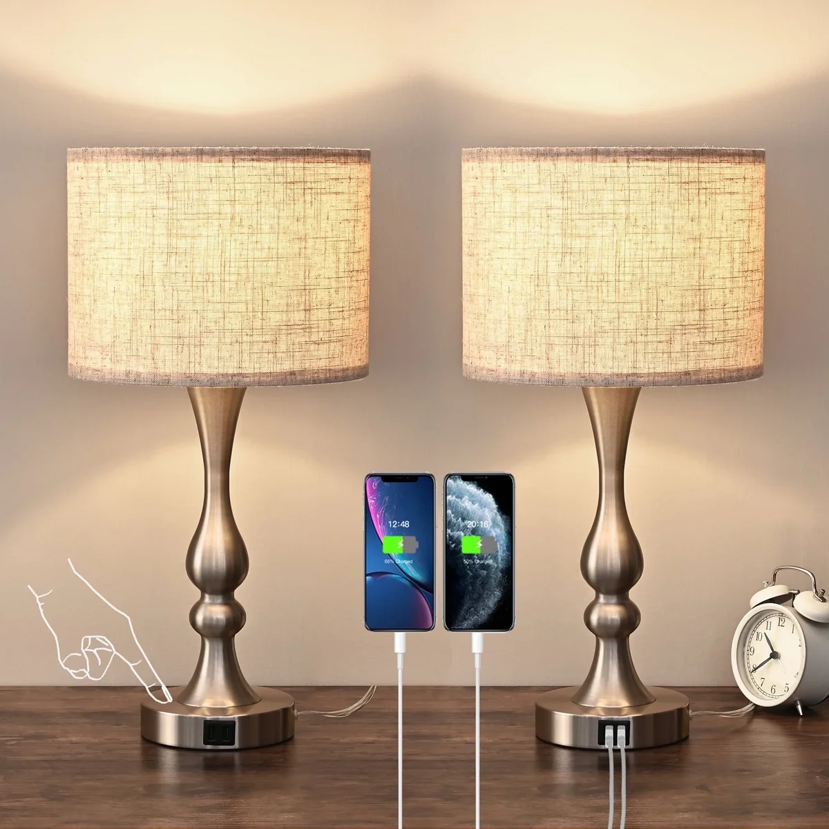 EDISHINE Touch Control 3 Way Table Lamps Set of 2,Bedside Lamp with 2 Charging USB Ports Dimmable E26 Base included 2 Light Bulbs 8151