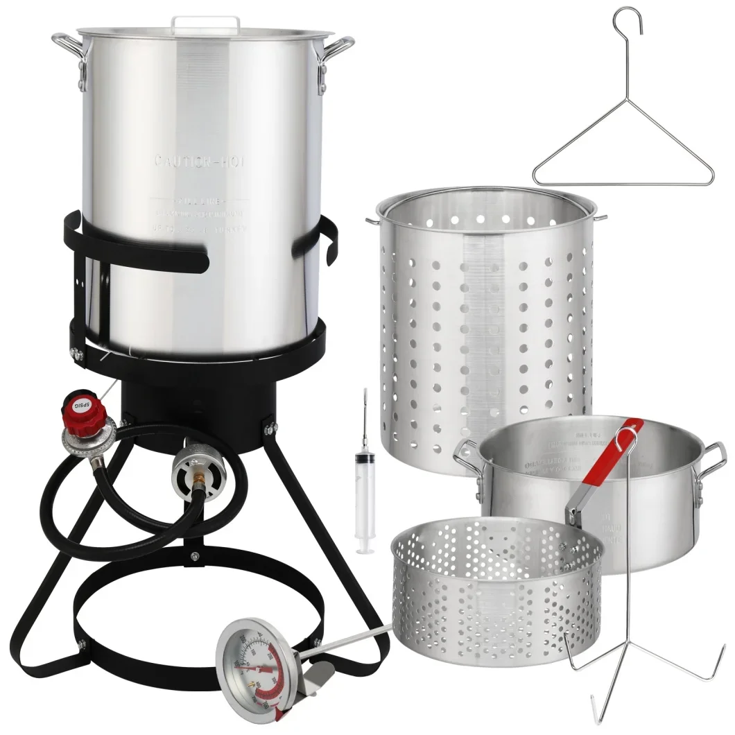 Everdaily Essentials Turkey Fryer Kit, 30QT Aluminum Turkey Deep Fryer & 10QT Fish Fryer Kit w/Baskets & Stand, 54000 BTU Propane Burner, Thermometer, Marinade Inject Ref. 8636