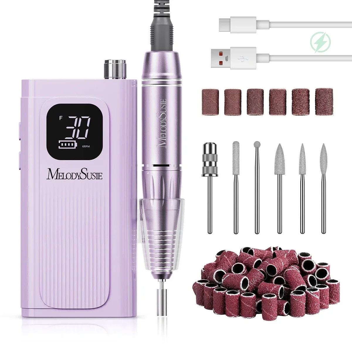 MelodySusie SC300F Electric Nail Drill Machine,30000 RPM Cordless Rechargeable Nail File Kit for Acrylic Gel Nail Care Manicure Polishing Set,Pur 0962