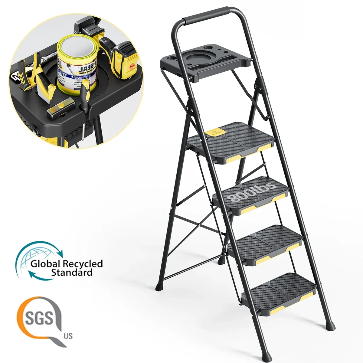 Everdaily Essentials 4 Step Ladder, 800 lbs Capacity with Tool Platform, Folding Steel Step Stool, Safety Lock, Portable for Home, Painting, Outdoor & Garage 7252