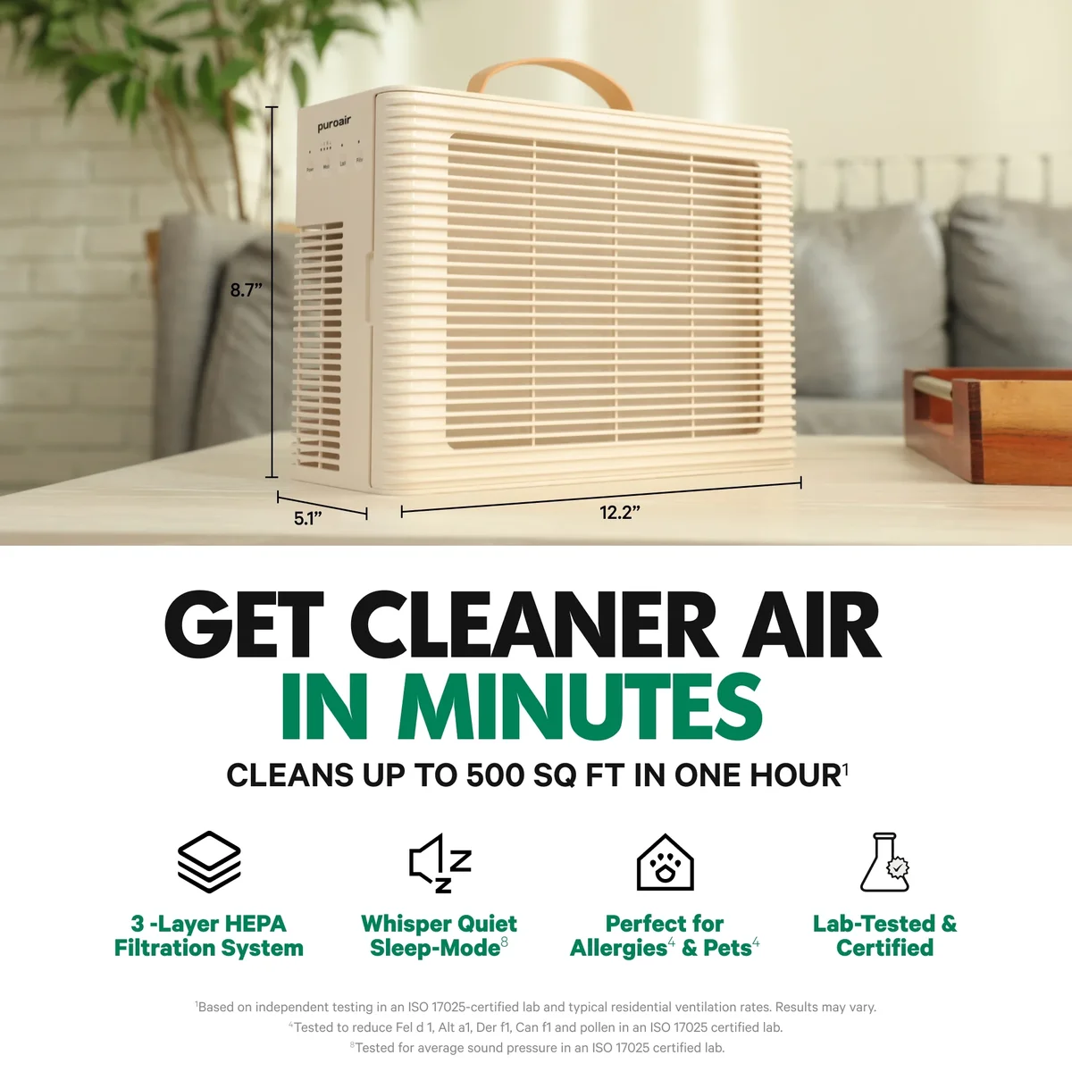 PuroAir Lite HEPA Air Purifiers for Home Pets - Covers 500 Sq ft 8026