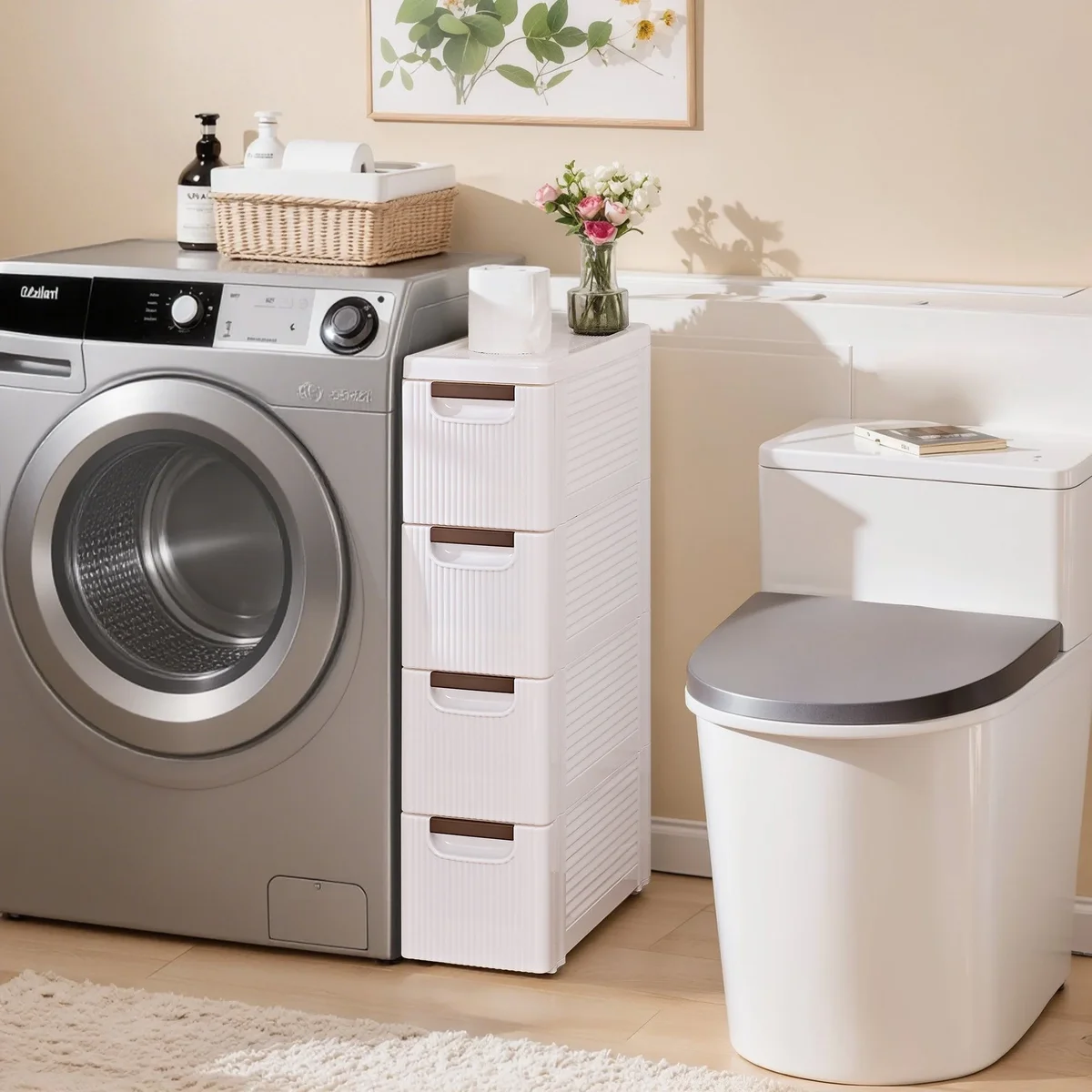 VECELO 4 Drawers Moveable Small Bathroom Stackable Storage Cabinet Floor Side Cabinet, Freestanding Plastic Narrow Lim Corner Slide Out Drawer St 1809