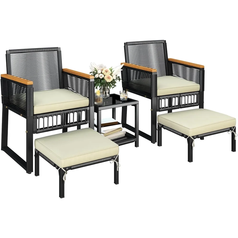 Yaheetech 5-Piece Outdoor Conversation Furniture Set with Glass Table and Ottomans, Black/Beige 8956