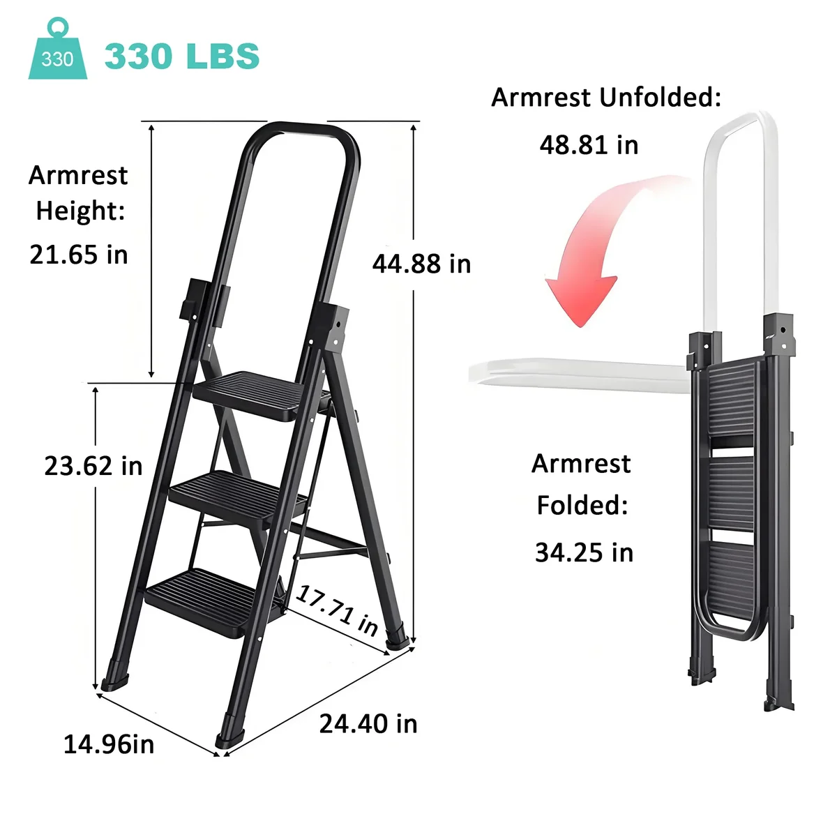 Beuway 3-Step Folding Ladder,with Foldable Extended Handrail & Wide Anti-Slip Pedal Step Stool(Black) 2945