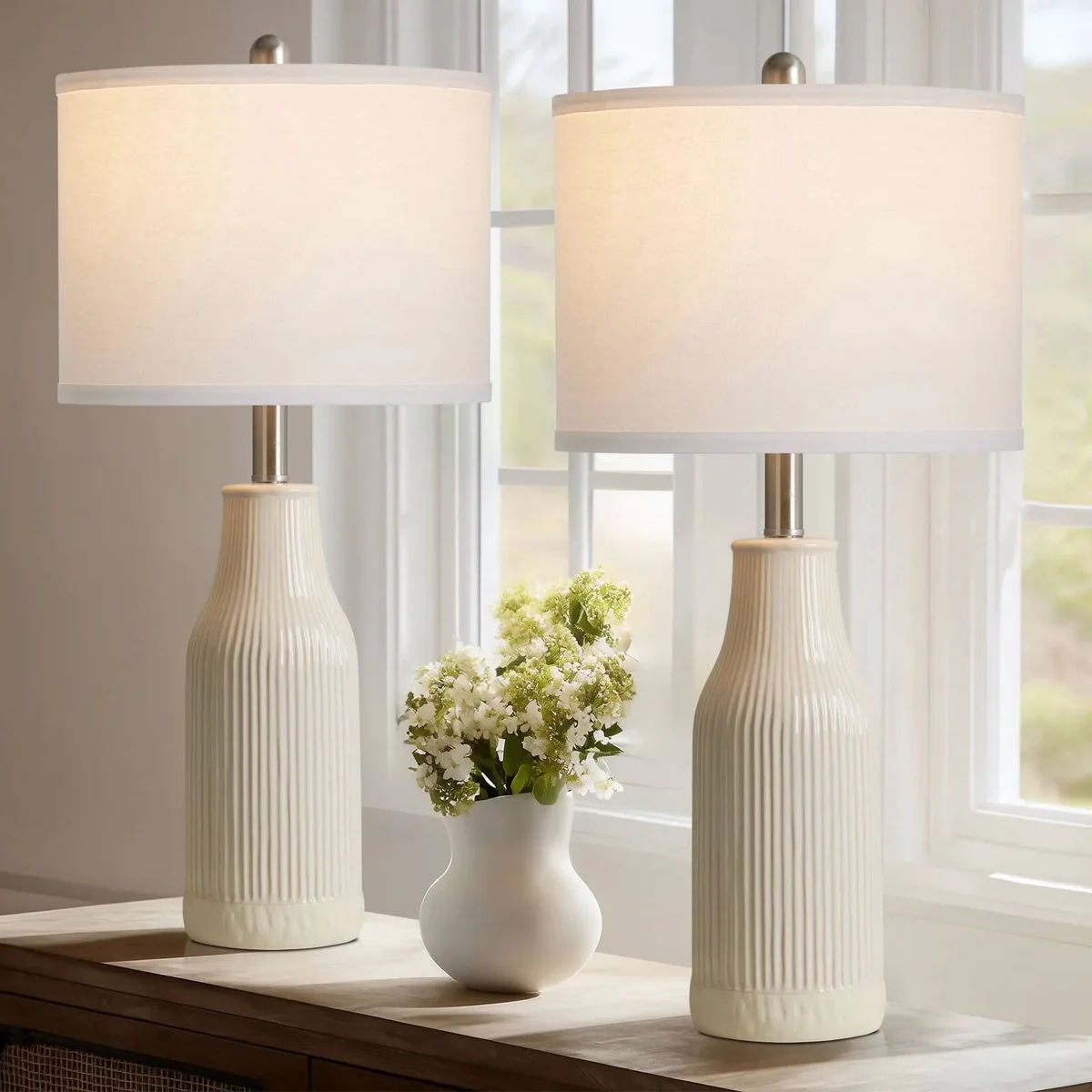 Everdaily Essentials 26" Ceramic Table Lamps Set of 2 with Switch, Modern Farmhouse White Glaze & Drum Shade for Bedroom Living Room 6997