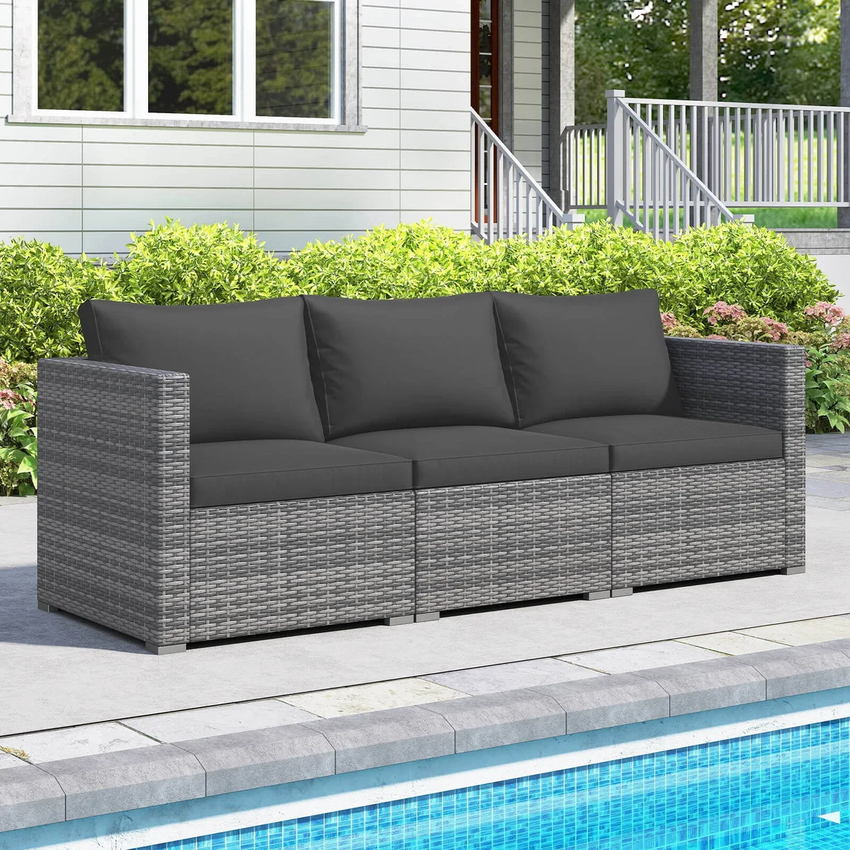 Costway 3PCS Patio Sectional Sofa Set, PE Rattan Modular Couch Furniture Set with Cushions Black + Mix Gray 8090