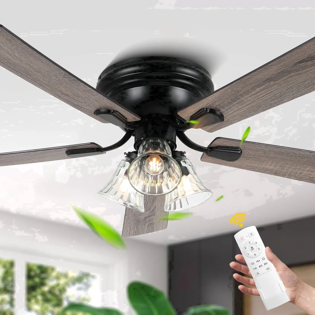 Chords Attic 52" Vintage 5-Blade Flush Mount Ceiling Fan with Lights and Remote Control, Rustic Farmhouse Ceiling Fan with 6 Speeds for Living Ro 8429