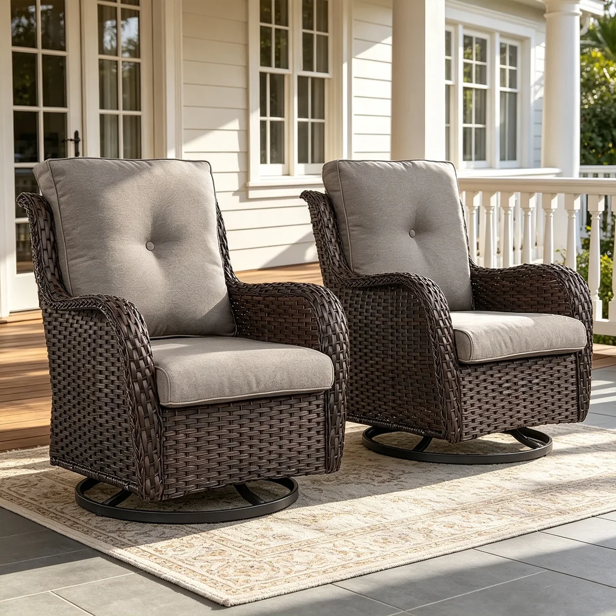 POCASSY Wicker Rocking Chair Swivel Chairs - 2 Piece Oversized Rocker Patio Accent Chairs Set Rattan Rocking Chair for Outdoor Porch Deck Garden  1265