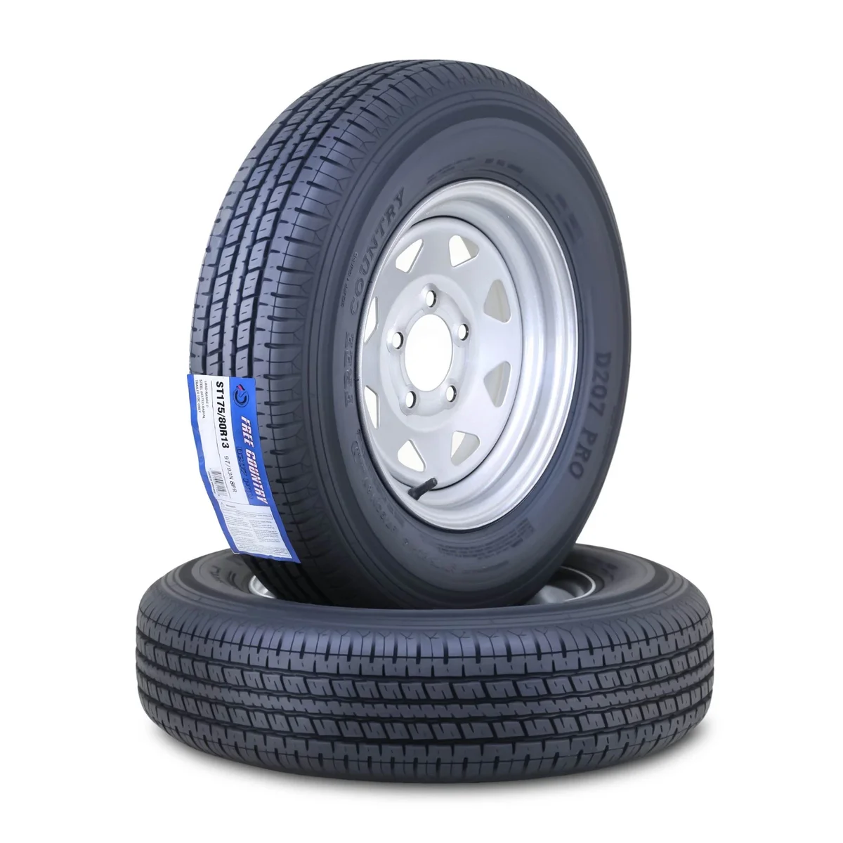 Free Country Wheel Assembly ST175/80R13 8-Ply D 97M 5 Lug on 4.5" PCD Silver Spoke Rim Trailer Tire, Set of 2 5924