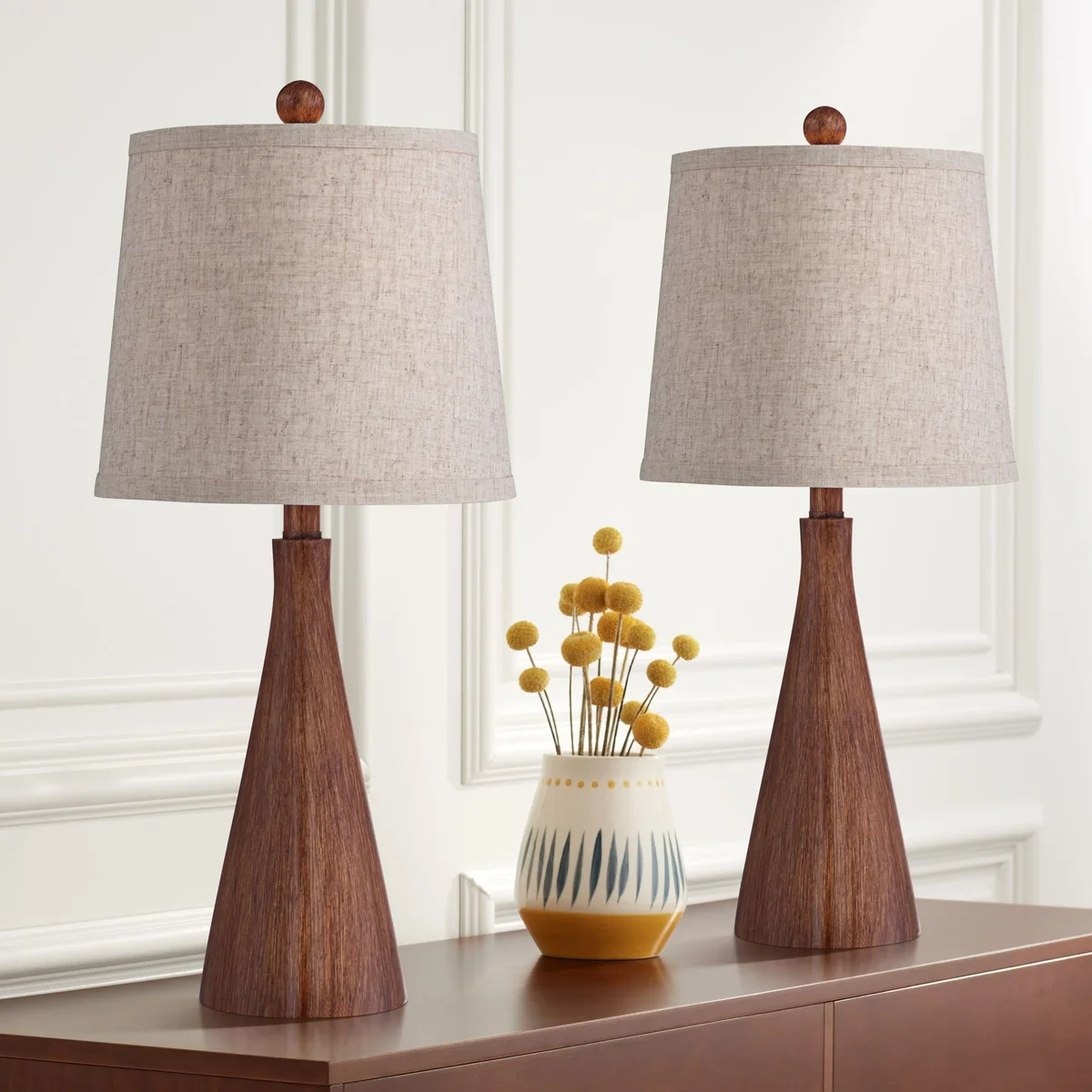 360 Lighting Fraiser 23 1/2" High Cone Small Mid Century Modern Accent Table Lamps Set of 2 Brown Wood Finish Living Room Bedroom 0751