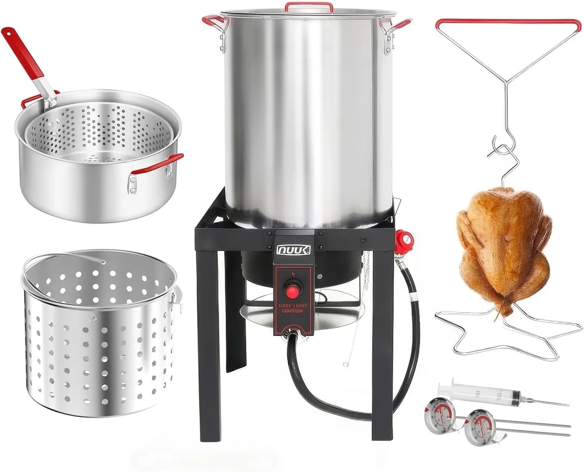 NUUK 30QT Turkey Fryer & 10QT Fish Fryer Kit, Outdoor Propane Burner 50,000 BTU, Seafood Boil Pot with Basket, Lid & Skimmer, Aluminum Deep Fryer 5255
