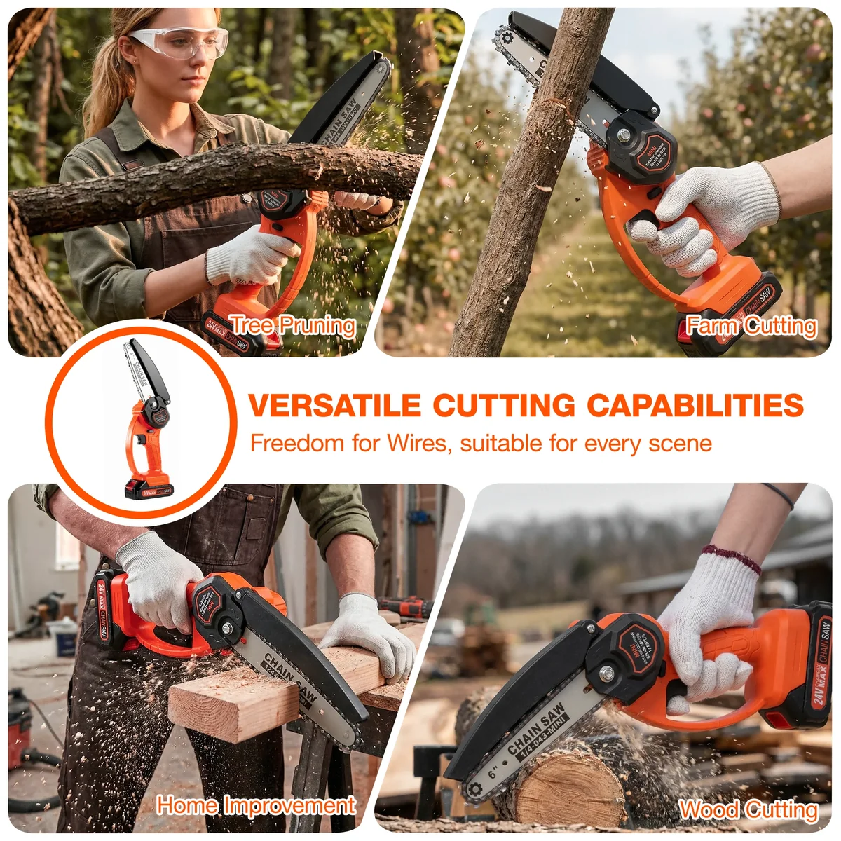NEXPOW 6" Mini Chainsaw with 2 Batteries and 2 Chains, 24V Battery Powered Cordless Handheld Electric Chainsaw for Wood Cutting Tree Trimming, Po 5483