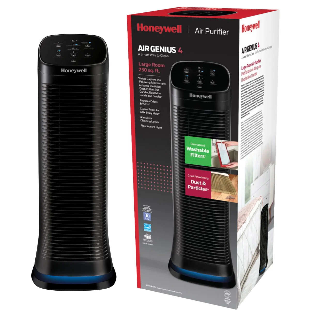 Honeywell Air Purifier Air Genius 4, 250 Sq Ft IFd Washable Filter Home Air Cleaner, Smoke, Pollen, Dust Reducer, Black, HFD310 8125