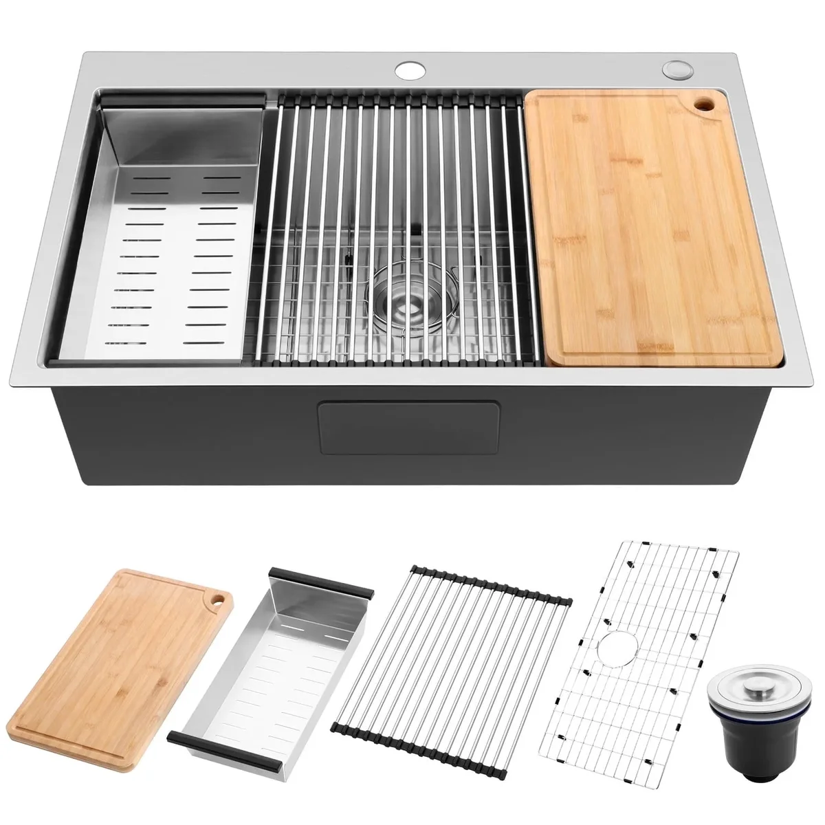 Coliware 33"X22" Workstation Kitchen Sink, 10 Deep Drop in Stainless Steel Topmount Single Bowl 2-Hole R10 Tight Radius Large Kitchen Sinks with  1207