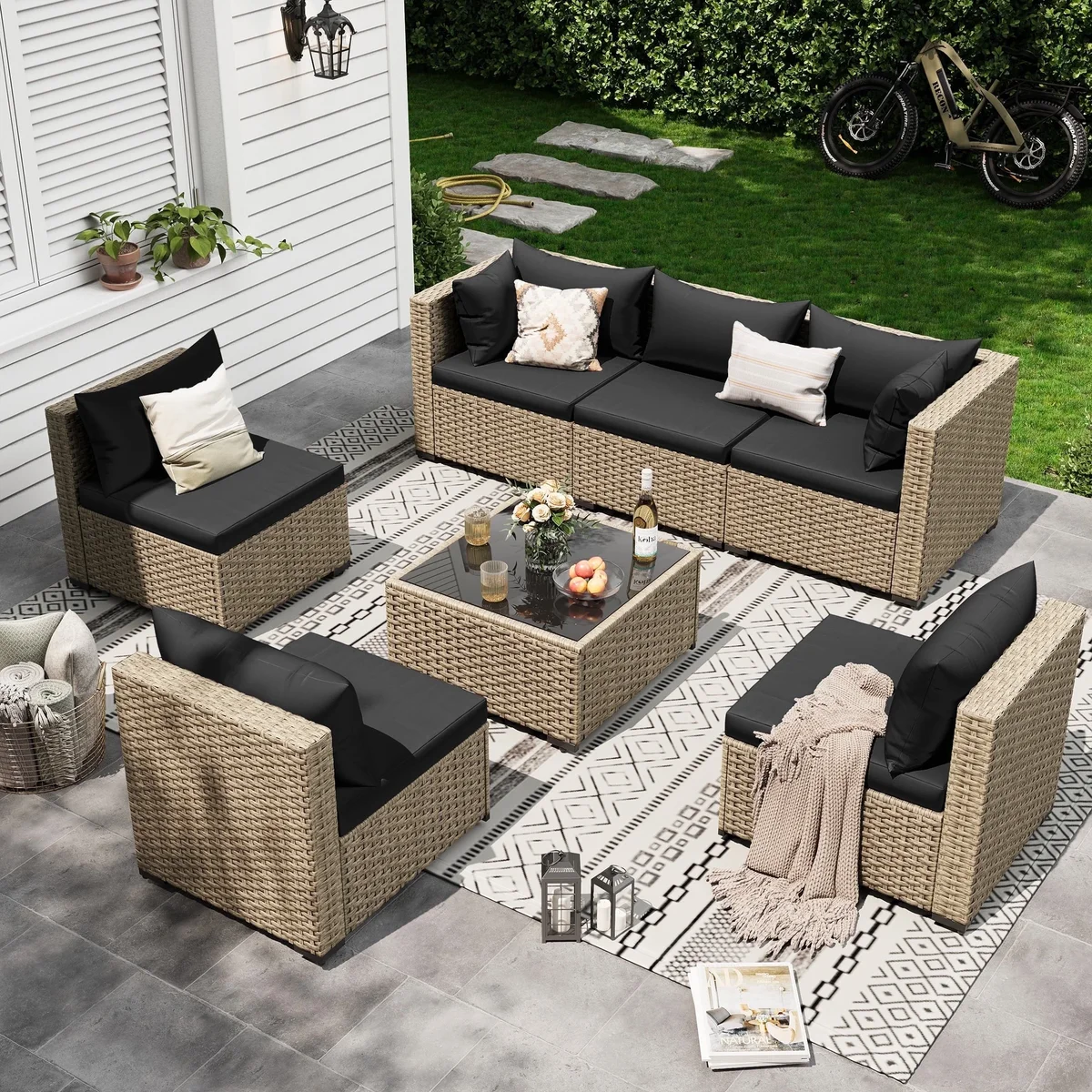 Poteban 7 Piece Outdoor Patio Furniture Set, Grey Rattan Wicker Outdoor Conversation Sectional Sofa Set with Cushions for Backyard, Black 8114