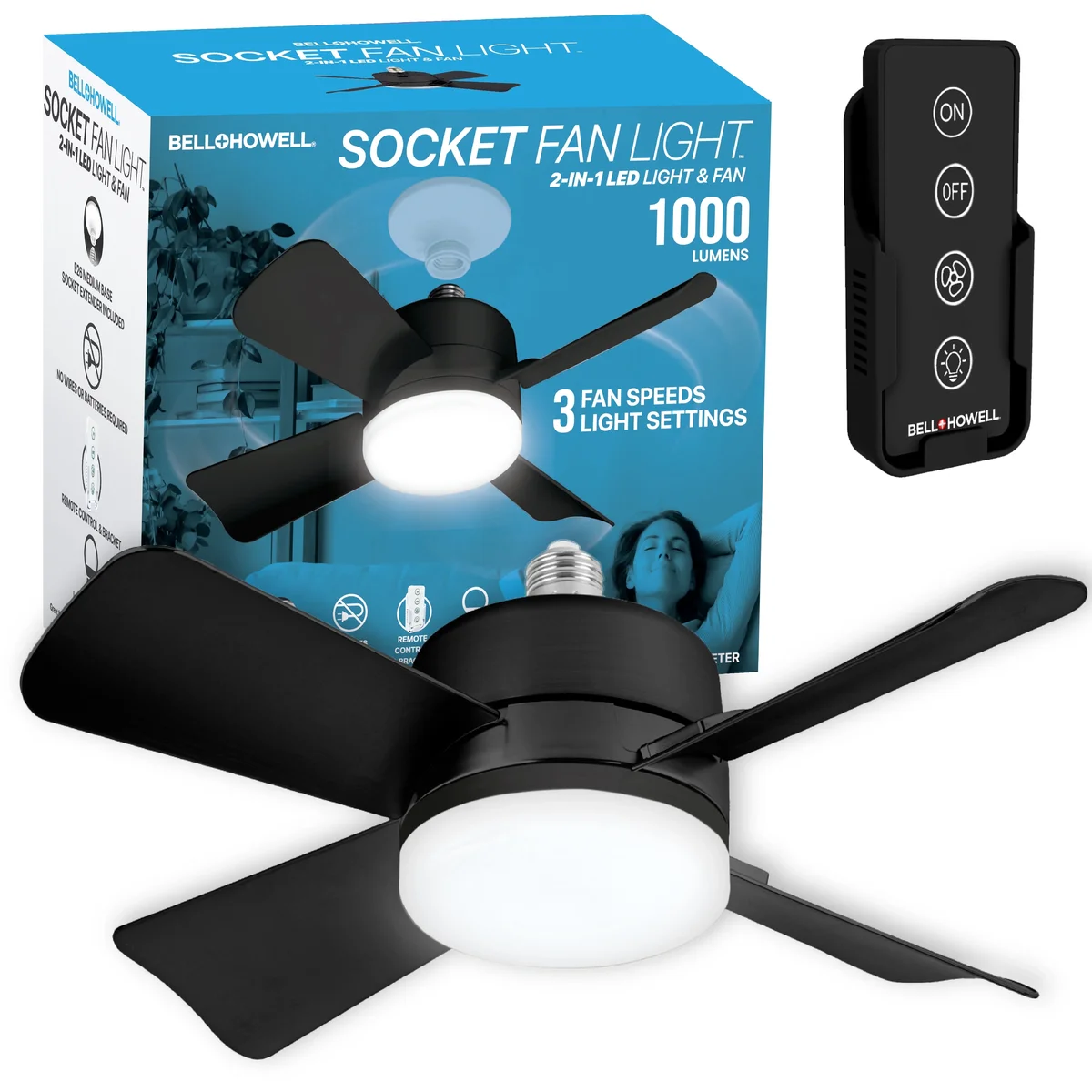 Bell + Howell Socket Breeze Socket Fan Light with Remote, Portable Small Ceiling Fans with Lights for Bedroom, Kitchen, Living Room, Ceiling Fan wi 4354