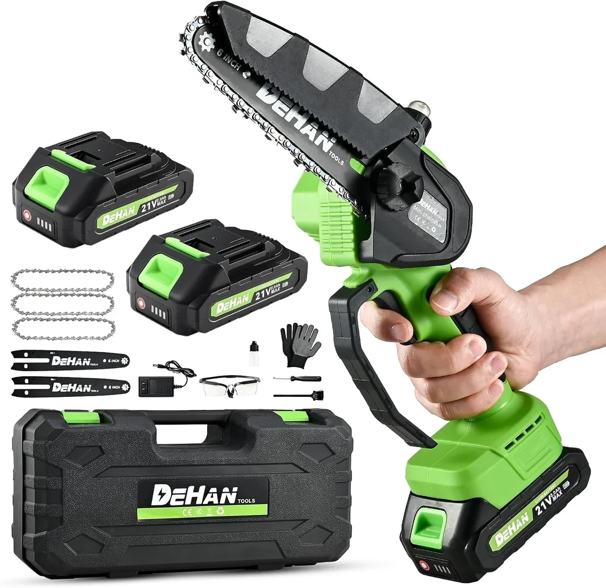 DEHANTOOLS 6 inch Mini Chainsaws with 2 21V Batteries and 3 Chains ,Brushless Portable Handheld Electric Cordless Chainsaw for Wood Cutting Tree  8924