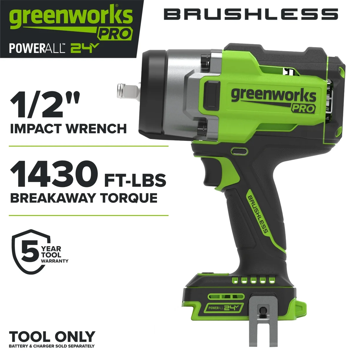 Greenworks Pro PowerAll 24V Brushless 1,430 ft-lb Breakaway Torque 1/2" Impact Wrench, Tool Only, IW51500A1 0199