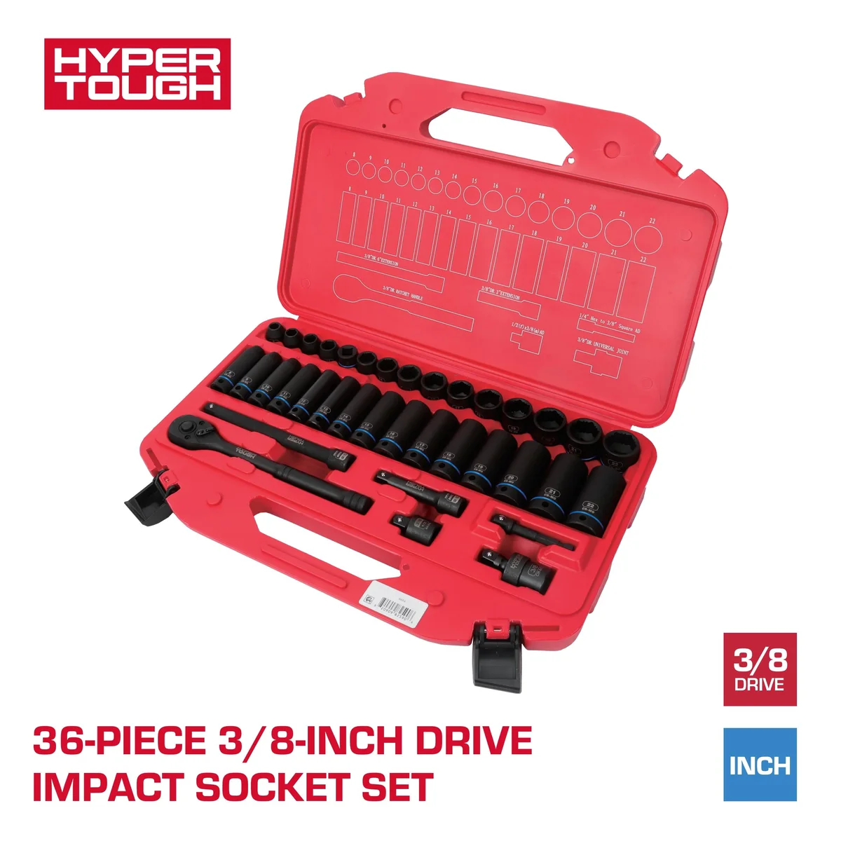 Hyper Tough 36-Piece 3/8-inch Drive Metric CRMO Impact Socket Set (mm) 3375