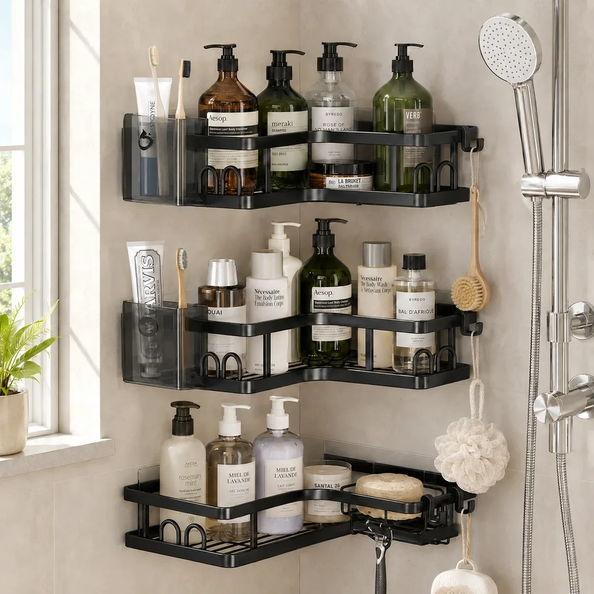 PHANCIR 5 PCS Corner Shower Caddy, No Drilling Stainless Steel Shower Storage Rack with Hooks & Toothpaste Holder for Bathroom, Black 7210