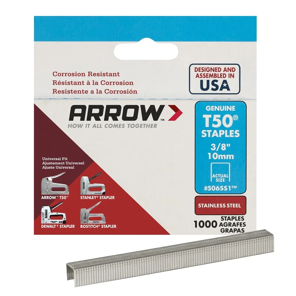 Arrow T50 3/8 in. Leg x 3/8 in. 506SS1, Medium Crown, 18-Gauge, Heavy-Duty Stainless Steel Staples (1,000-Pack) 1605