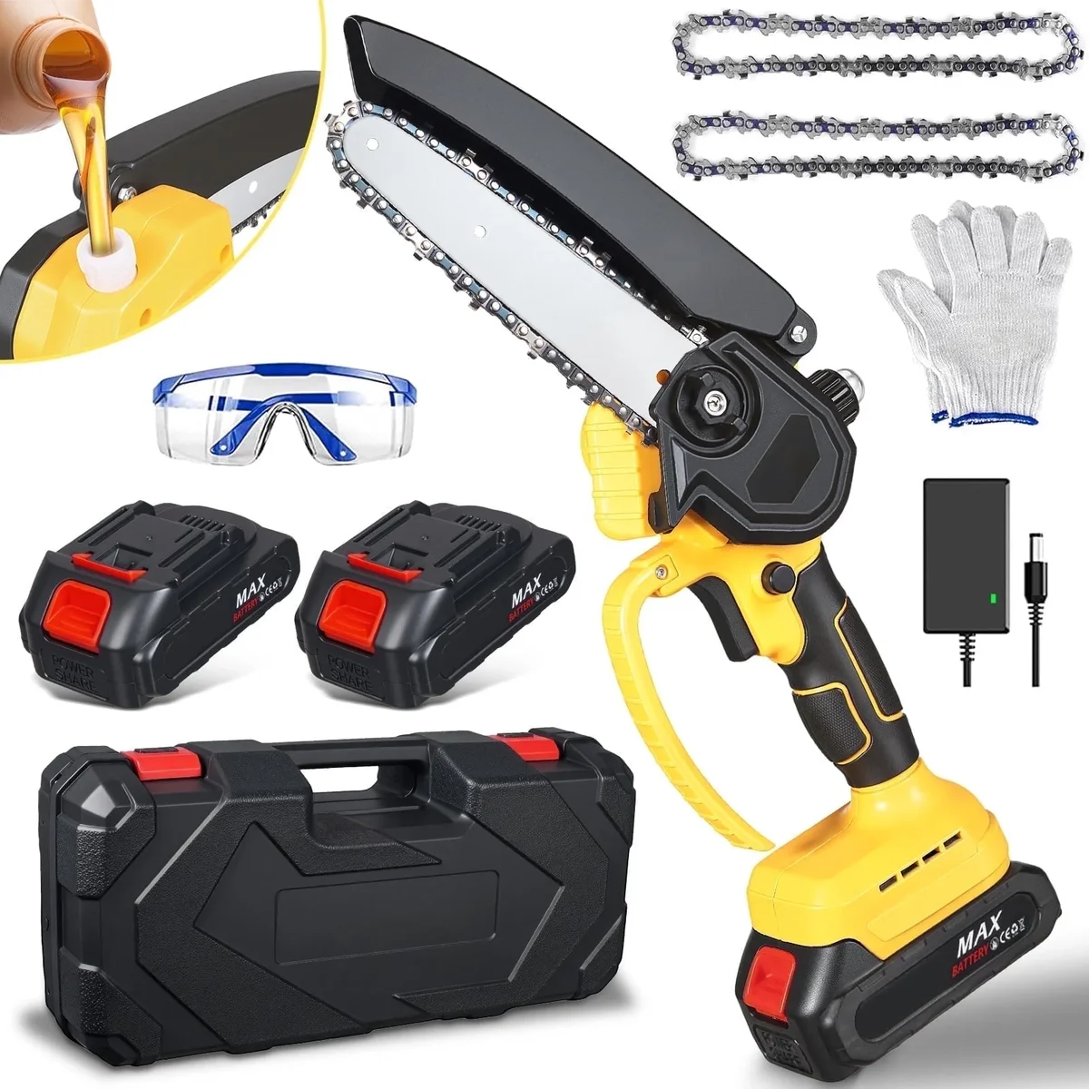 Paddsun Mini Chainsaw, 6 Inch 21V Cordless Electric Chainsaw Portable Handheld with 2 Batteries 2 Chains 2349