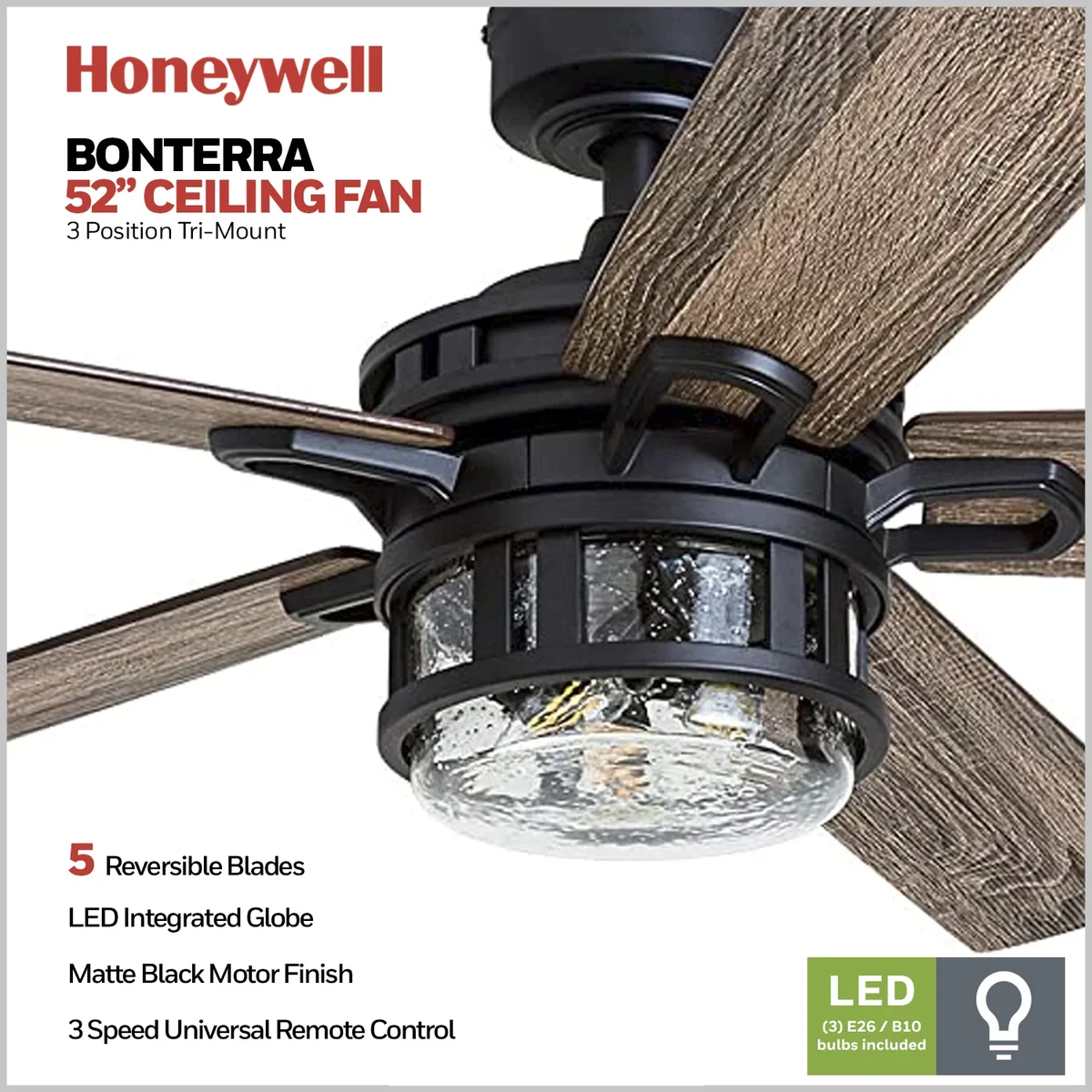 Everdaily Essentials Bonterra 52 Inch Ceiling Fan with LED Light & Remote, Matte Black Ref. 3702