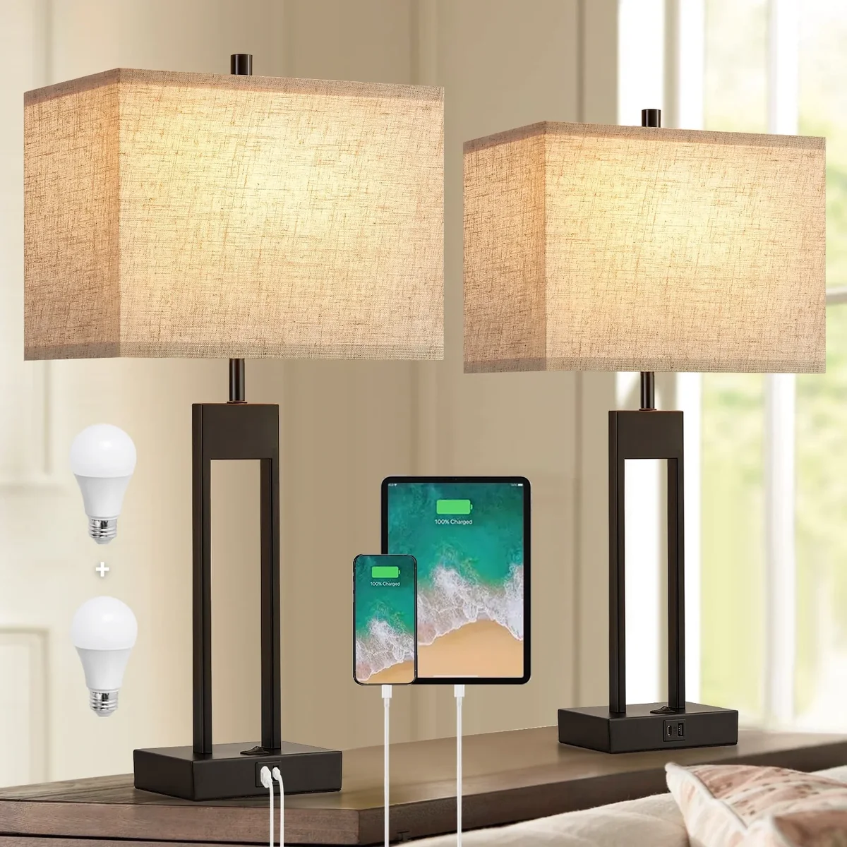 NATYSWAN Modern Table Lamps for Set of 2, USB A+C Charging, 3 Colors Changeable for End Tables, Night Stand Lamps for Bed Side Guest Room Office  3425