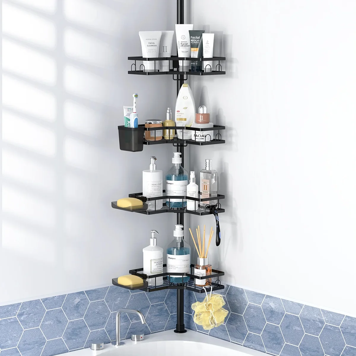 TINANA Shower Caddy with Tension Pole: 4 Tier Adjustable L-shaped Corner Shower Organizer for Bath Essentials, 43.5 to 120 Inch, Black 8549