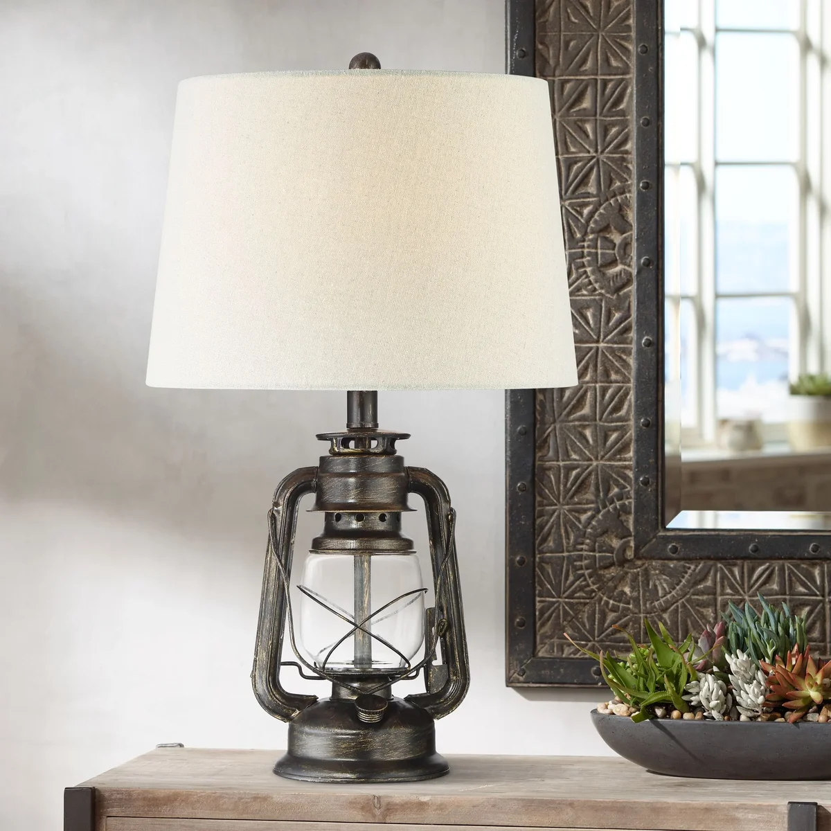 Franklin Iron Works Murphy Industrial Rustic Accent Table Lamp 23" High Weathered Bronze Miner Lantern Oatmeal Fabric Shade for Bedroom Living Ro 1708