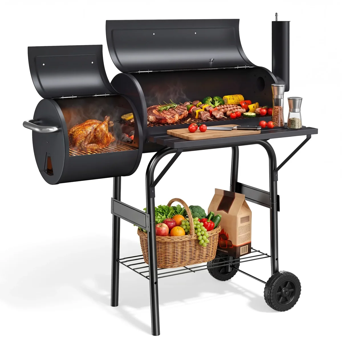 Vebreda 44" Charcoal Grill with Offset Smoker, BBQ Barrel Grill with Side Firebox for Outdoor Backyard Patio Cooking, Black 7062