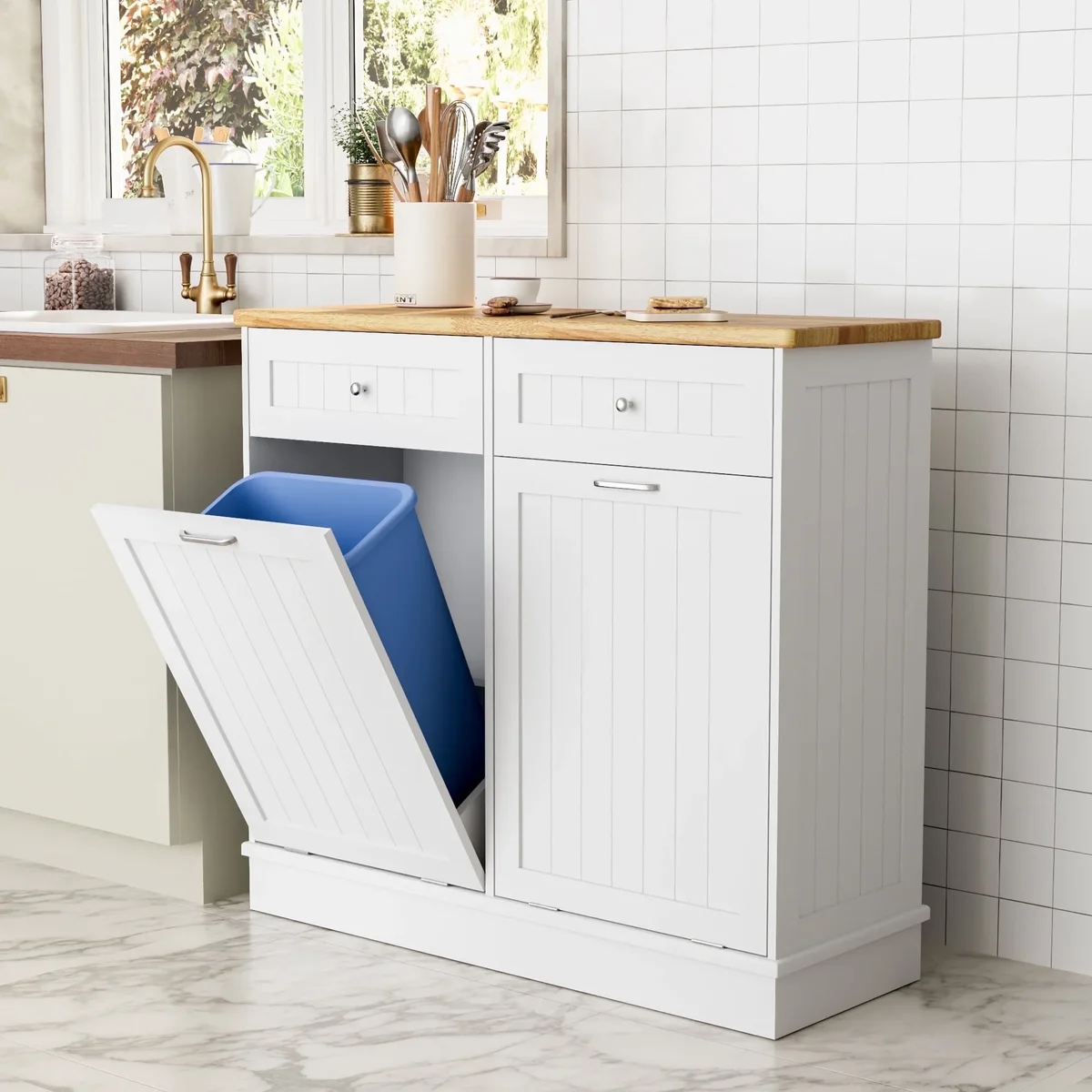 GETYES Double Tilt Out Trash Cabinet, Wooden Recycling Cabinet, 35.83 x 12.99 x 39.37 inches, White 6418