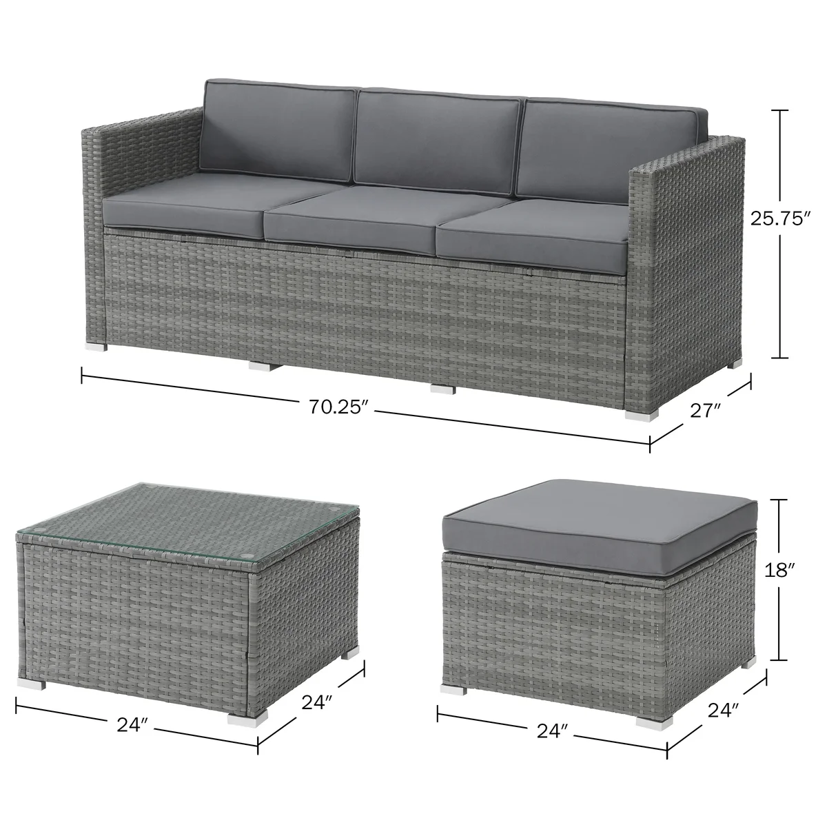 Lavish Home 3-Piece Cushioned Rattan Sectional Sofa Outdoor Patio Furniture Set, Gray 3785
